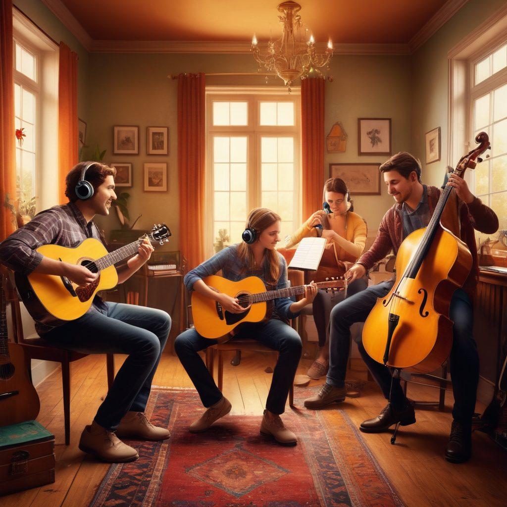 A vibrant scene depicting a diverse group of music lovers gathered in a cozy setting, sharing headphones and enjoying various musical instruments like guitars and pianos. Heartfelt expressions and warm light illuminate their interactions, symbolizing the deep connections forged through music. Include colorful musical notes swirling around, enhancing the sense of joy and affection. super-realistic. vibrant colors. warm lighting.