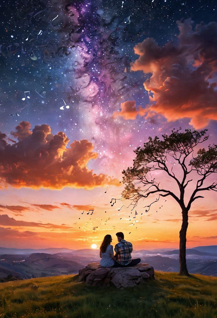A serene, romantic scene featuring a couple sitting on a hilltop under a starlit sky, surrounded by musical notes gently floating in the air. The couple is lost in each other's eyes, with a soft glow from a nearby lantern illuminating their faces. In the background, a dreamy landscape of a sunset with vibrant colors blending into the horizon, symbolizing the harmony of music and love. super-realistic. vibrant colors. soft focus.
