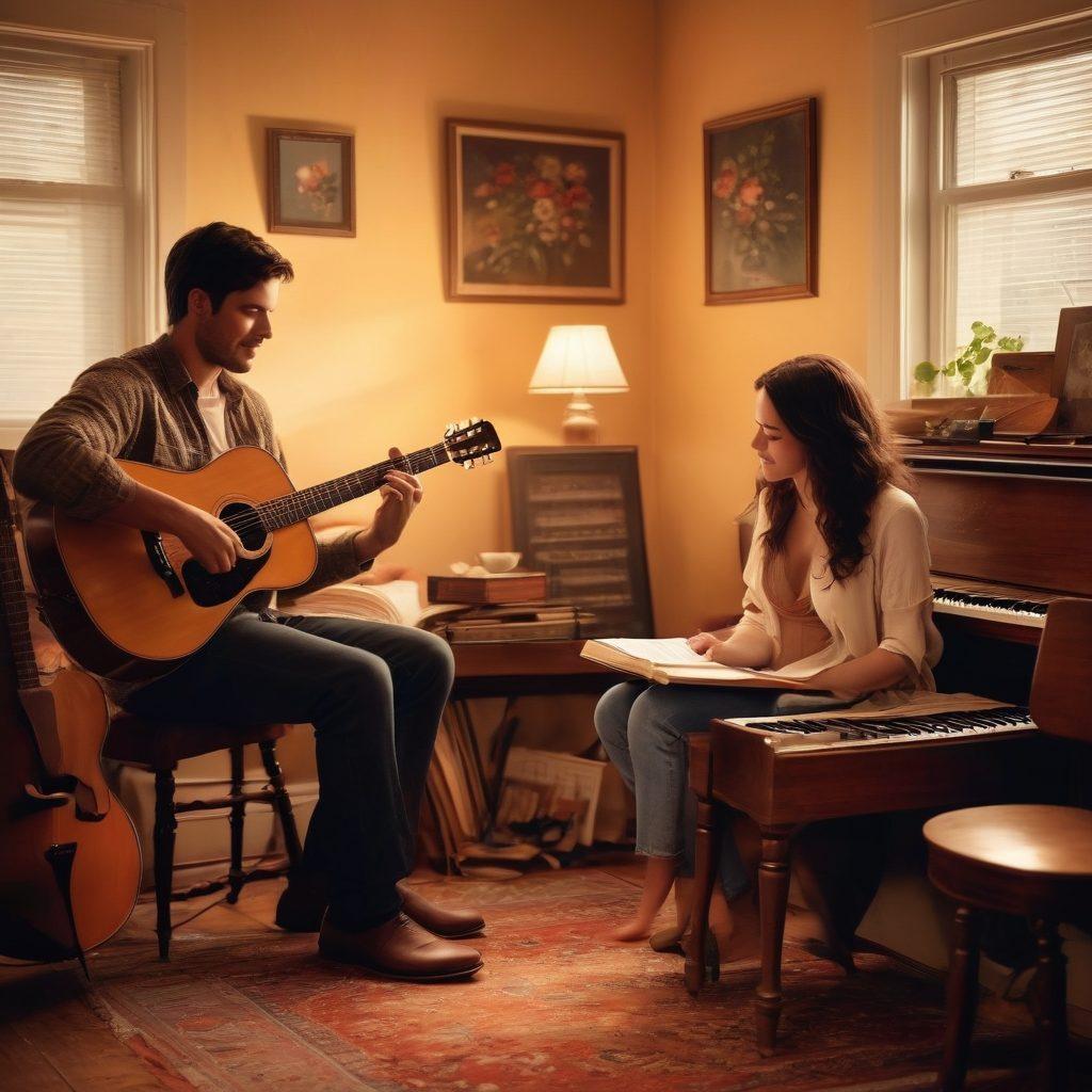 A romantic couple sitting together in a cozy, softly lit room, surrounded by musical instruments like a guitar and piano, as notes of music gently swirl around them. Their expressions reflect joy and connection as they reminisce about their shared musical experiences. Soft, warm colors evoke a sense of nostalgia and intimacy. Include subtle musical elements like sheet music or a record player in the background. super-realistic. warm tones. intimate atmosphere.
